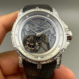 Designer Luxury Watches for Mens Mechanical Automatic Roge Tourbillon Watch Diameter 46mm White Gold Rear Diamond Manual