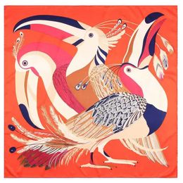 Scarves Manual Hand Rolled Twill Silk Scarf Women Toucan Bird Print Square Wraps Echarpes Foulards Femme Bandana Hijab 90CM Q240508