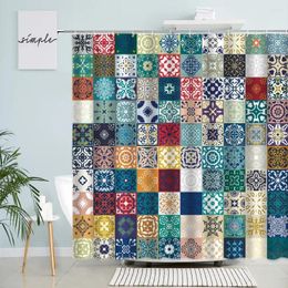 Shower Curtains Bohemian Retro Plaid European Pattern Splicing Ethnic Style Polyester Fabric Boho Bathroom Decor Sets With Hooks