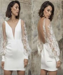 Chic Short Wedding Dresses for Bride Second Reception Gowns Lace Long Sleeved Open Back Party vestido de novia 0509