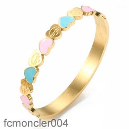 Gold Colour Blue and Pink Enamel Forever Love Heart Charm Bangle Bracelet for Women Girlfriend Promise Wedding Jewellry Gifts 66LJ