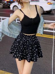 Skirts Sweet Style Black Floral Skirt For Women 2024 In Summer High Waisted And Slim A-line Cake Pleated Short