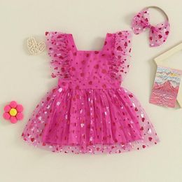 Rompers CitgeeSummer Valentine's Day Infant Baby Girls Bodysuit Dress Flying Sleeve Heart Print Mesh Jumpsuit Headband
