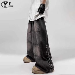 Men's Jeans Metal buckle design for straight jeans mens street Gothic retro bagged denim pants hip-hop multi pocket wide leg Trousers Q240509