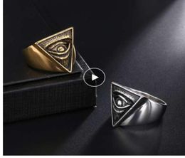 DZ Punk Illuminati Pyramid Eye Ring Men 316L Stainless Steel Hip Hop Gold Colour Triangle Rings for Men Jewellery Egyptian Pharaoh8463638
