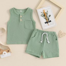 Clothing Sets Baby Boy 2 Piece Waffle Outfits Round Neck Sleeveless Solid Colour Tank Tops Elastic Waist Shorts Infant Toddler Clothes