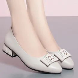 Dress Shoes Women Casual Sweet Beige Patent Leather Spring Slip On High Heel Lady Office Black Shallow Mouth Square Buckle