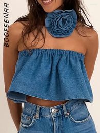 Women's Tanks BOOFEENAA Blue Denim Strapless Crop Top With Flower Choker Women Y2k Summer Loose Cute Tank Vintage Clothes 2000s C85-CF20