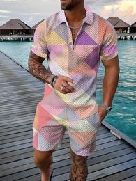 Colour Squares Pattern 3D Print Mens Tracksuit Sets Casual Zipper Polo Shirt and Shorts 2pcs Trend Streetwear Man Clothing 240430