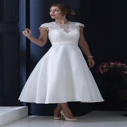 Tea Length Vintage Short Wedding Dresses With Cap Sleeves Lace Satin Skirt Jewel A-line 1950s 60s Vintage Informal Bridal Gowns Sleeved 212A