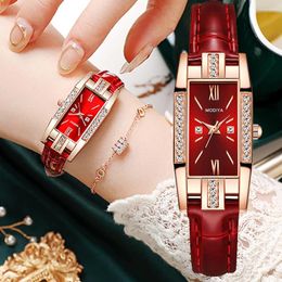 Wristwatches Crystal Watch For Women Square Rose Gold Wrist Watches Leather Fashion Female Ladies Quartz Clock Gift 2024