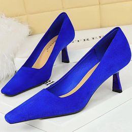 Dress Shoes BIGTREE Elegant Women 6cm High Heels Flock Pumps Office Lady Shallow All-match Square Toe Suede Blue Nude Party