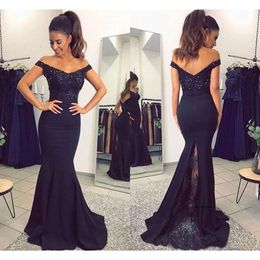 2021 Navy Blue Mermaid Prom Dresses Off Shoulder Satin Sequined Beaded Lace Applique Sweep Train Zipper Back Long Evening Party Gowns 0509