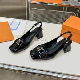 Designer dress shoe slingback sandal pumps women single shoes patent leather square headed block heels letter luxury elegant gentles chunky high heels size 5.8 08