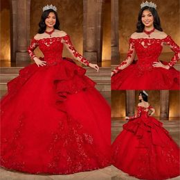 Red Ball Gown Lace Quinceanera Dresses Appliqued Prom Gowns With Long Sleeves Sequined Off The Shoulder Neckline Tulle Sweet 15 Masquerade Dress 0509