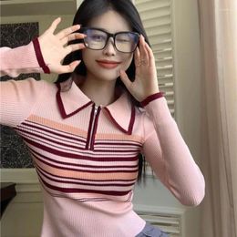 Women's Polos T-shirt Woman Zipper Spring Long Sleeve Striped Pink Polo Neck Shirts For Women Tops Clothing Cotton With Collar V Youth Trend