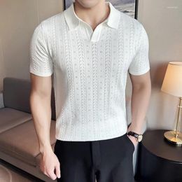 Men's Polos V-neck POLO Shirt 2024 Summer Hollow Striped Jacquard Solid Color Casual Short Sleeve Knitted T-shirt Clothing