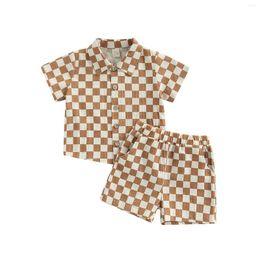 Clothing Sets Toddler Baby Boy Clothes Cotton Linen Checkerboard Short Sleeve Button Down T-Shirt Shorts Summer Outfit 2PCS Set