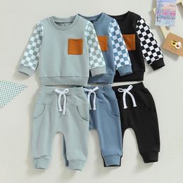Clothing Sets Toddler Baby Boy Fall Outfits Checkered Plaid Pullover Sweatshirt Top Pants Set Trendy Outfit 0-3T