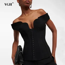 Women's Tanks VGH Solid Patchwork Lace Up Slimming Top For Women Slash Neck Off The Shoulder Sleeve Tunic Tank Tops Female Fashion Style