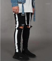 New Fashion Mens Jean Street Black Holes Designer White Stripes Jeans Hiphop Skateboard Pencil Pants Homme1138074
