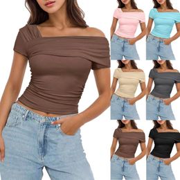 Women's Polos One Shoulder Short Sleeve Top Pleated Going Out Slim Fit Shirt Cropped Dark Tee