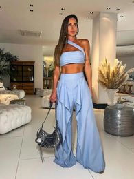 Women's Two Piece Pants Set With Summer Elegant Solid Women Sleeveless Sexy Short Top Wide Leg Suit Office Lady Clothing