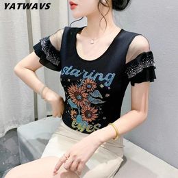 Women's T Shirts Summer Streetwear Girl Shiny Floral Diamonds T-shirt Sexy Off Shouler Short Sleeve Mesh Top Chic Women Elastic Slim Tees