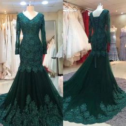 Spring 2020 Women Dresses Evening Wear V Neck Mermaid Court Train Shiny Beaded Lace and Tulle Hunter Green Long Sleeve Evening Gowns 253Y