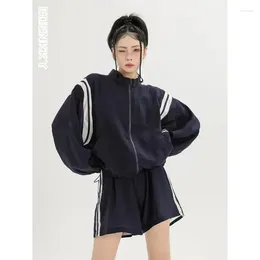 Work Dresses Vintage Casual College Style Set Women Summer Thin Stripe Jacket Wide Leg Shorts Sports 2pcs Sets Loose Harajuku Korean Suit