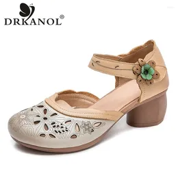 Dress Shoes DRKANOL National Style Genuine Leather Sandals Women Summer Hollow Flowers Thick Heel Casual Hook Loop Round Toe