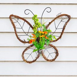 Decorative Flowers Pendant Home Party Decoration Dead Branches Butterfly Wreath Door Hanging Spring Artificial Wrought Iron Rattan