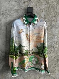 Men's Polos Silk Drop Shirt Holiday Style Retro Gradient Landscape Floral Print Men Women Long Sleeve Q240508
