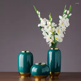 Vases Dark Green Painted Golden Flowers Inserted With Retro European Furniture Dried Flower Ornaments Model Rooms Villas Ce