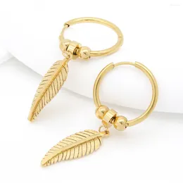 Dangle Earrings Trend Stainless Steel Gold Colour Bead Leaves For Women Hoop Piercing Ear Buckle Feather Pendant Jewellery Gift