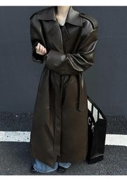 Women's Leather 2024 Spring Autumn Long Cool Oversized Brown Black Pu Trench Coat For Women European And American Runway Fashion