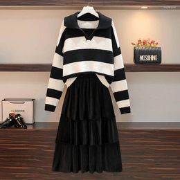 Work Dresses Winter Women Warm Suit Stripe Knit Sweater Tops And Pleated Velvet Skirt Match Set Outfit Plus Size Two Piece Female Clothe