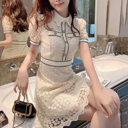 Basic Casual Dresses Two Piece Dress Summer Hollow White Lace Dress Womens Street Clothing Short sleeved Polo Mini Dress Office Womens Party Dress Tank TopL2405