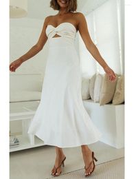 Casual Dresses Womens Summer Strapless Sleeveless Maxi Dress Cross Front Hollow Out Ruched Tube Slim Fit Long Club Party