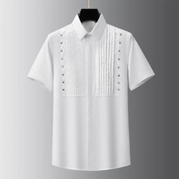 Trendy Summer Handmade Folding Strip Rivet Decoration Mens Short Sleeved Shirts Slim Fit Men Dress Shirt 240419
