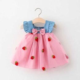 Girl's Dresses Korean Summer 2024 Baby Girl Dress Strawberry Print Goze Bow Childrens Dress Denim Sleeveless Little Girl Princess DressL2405