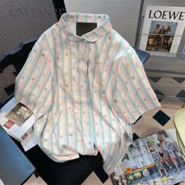 Men's Casual Shirts Hong Kong Style Striped Printed Short-sleeved Men Women Summer Korean Loose Tops Sun Protection Trendy Jackets