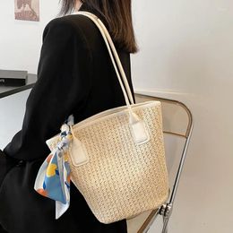 Evening Bags Casual Straw Weaving Bucket Bag For Women Bohemian Shoulder Lady Handbag Large Capacity Summer Beach Silk Scarf