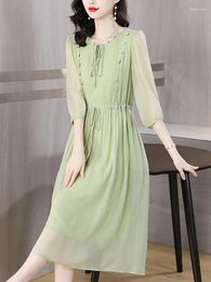 Party Dresses 2024 Green Silk Chic Bow O-Neck Casual Long Dress Summer Solid Elegant Beach Women Korean Bodycon Night