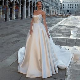 Gorgeous Satin Modern Wedding Dresses Elegant Strapless Sleeveless Train Floor-Length Fluffy Princess Style Bride Gowns Vestido De Novia