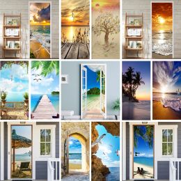 Stickers 3D Door Sticker Wallpaper Selfadhesive Seaside Landscape Beach Door Decal Mural for Bedroom Bathroom Vinyl Poster Home Decor