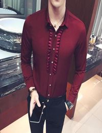 Whole Pleated Mens Dress Shirt Party Wedding Social Shirts Pattern Men Fitted Male Shirt Black Wine Red White Metrosexula Di1891291835715