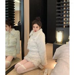 Work Dresses Sweet Girl Suit For Women Autumn Thick Faux Fur Coat Slim Fitting A-line Short Skirt Two-piece Set Fashion Female Clothes