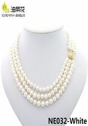 Fashion Charm 3Rows 78mm Natural White Akoya Cultured Pearls Necklace Jewellery Gold Button Woman Wedding Christmas Gift AAA 17199635477