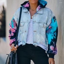 Women's Jackets Denim Jacket Color Matching Tie-dye Ripped Holes Fringed Long-sleeved Short Street Style 2024 Autumn